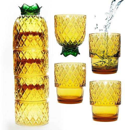 Gökotta 4 Stück Stapeln Pineapple Ananas Trinkgläser | Handgemacht Cocktail-Gläser | Retro Geschenk Dinner Party Cocktail Wasser Saft Kaffee | Orange 250 ml 4er-Set