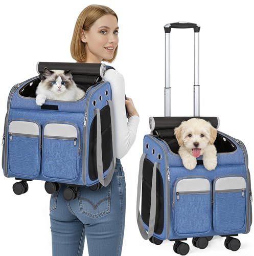 OUUTMEE für Katzen und kleine Hunde, 4-Wege-Handtasche mit Rollen, multifunktionaler Rucksack, atmungsaktiv Blau Haustiertragetasche, Tragetasche mit Rollen