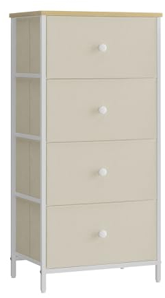 SONGMICS Kommode, Aufbewahrungsschrank mit 4 Stoff-Schubladen, Metallrahmen, hoch und schmal, kamelgelb-cremeweiß LTS314W01