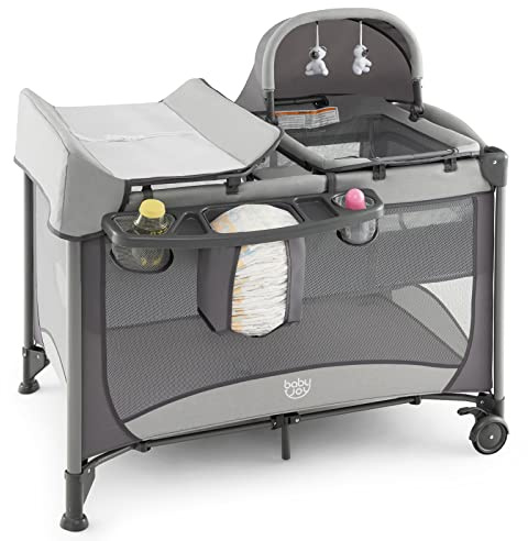 GOPLUS Cuna de viaje 5 en 1 con cambiador, colchón grueso, cama de viaje plegable para bebé con paredes laterales ventiladas, bolsa de transporte, cuna con dosel, parque para bebés de 0 a 36 m (gris)