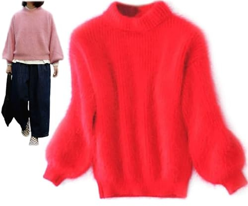 Maglione caldo sciolto in misto cashmere d'angora invernale, tinta unita girocollo lavorato a maglia maglione maglione soffice in peluche, Rosso, Taglia unica