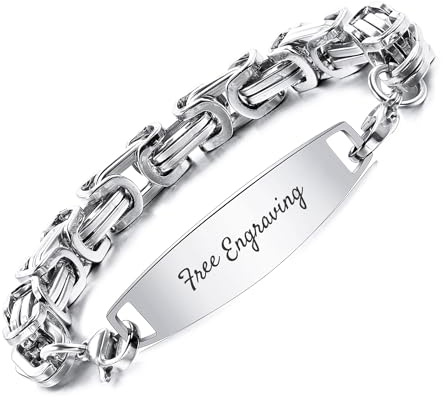 OTXIXTO Individuelle ID-Armbänder für Männer/Frauen Edelstahl-Gliederarmband mit Gravur Name/Datum/Text Personalisierte Gravierte Silber Namensschild-Armbänder mit 20.3cm Silber Byzantine Kette