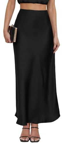 Women's Satin Maxi Skirt High Waisted Elastic Waistband Silk A-Line Casual Party Leopard Print Long Skirts for Women (Black, Small)