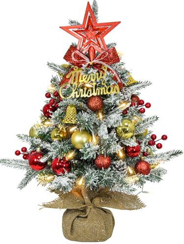 Mini Weihnachtsbaum Künstlich mit LED, 60cm Kleiner Weihnachtsbaum Geschmückt mit Kunstschnee und Ornamenten, Mini Tannenbaum für Weihnachten Deko(Rot Silber Gold)