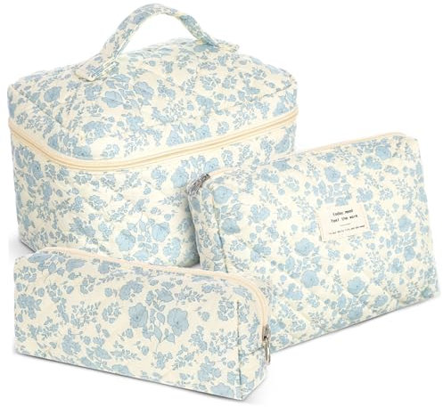 WATIIFUFU Gesteppte Kosmetiktasche Baumwolle Mit Reißverschluss Für Reise Hautpflegetasche Schminktasche Kulturtasche Für Damen Mit Blumenmuster