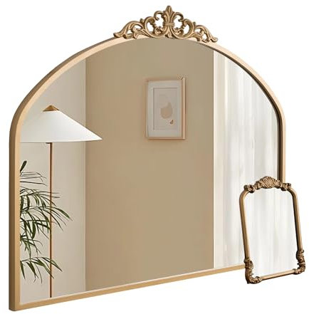 1 Set Vintage 36 x 29 Gold Antik Barock gewölbt kunstvoll traditionell Messing Spiegel und 8,5 x 12 Vintage Schminktisch Schreibtisch Tisch Spiegel für Badezimmer Eingangsbereich Wohnzimmer Flur Kamin