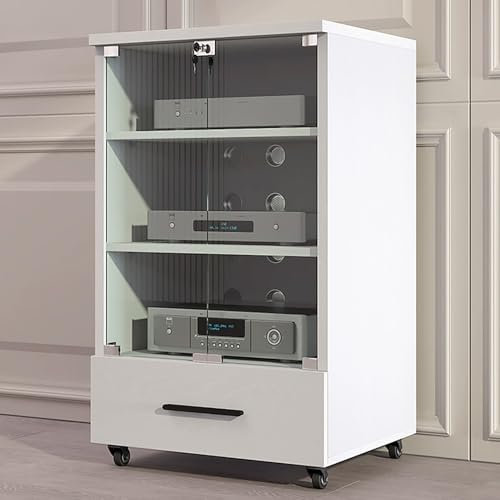 JIAOCKJIAO Stereoschrank, Phonoschrank mit Schublade, Bewegliches Audio Rack Hi Fi Regal, Record Player Stand mit Tür aus Gehärtetem Glas, Hi Fi Rack mit Kühllöchern und Kabellöchern(Wit,3 tier 60x52x