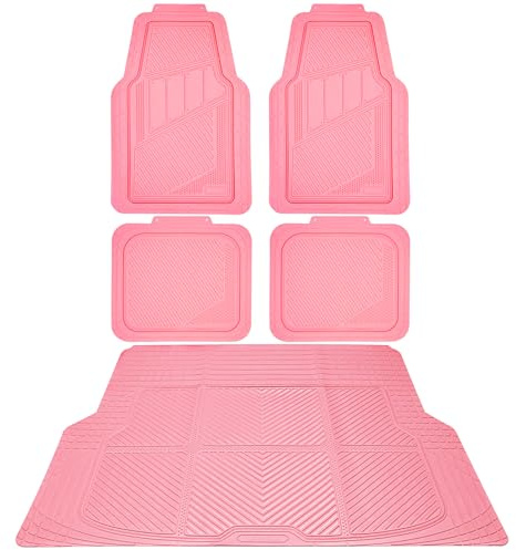CAR PASS Heavy Duty Rubber Floor Mats Pink Car Mats Full Set with Trunk Cargo Liner - Universal Waterproof Floor Mats for Car SUV Truck, Durable All Weather Liner Mats Automotive Women (All Pink)