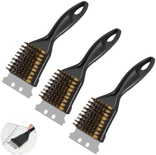 QUNXON Spazzola per barbecue, 3 spazzole in ottone, 2 in 1, in ottone con setole in ottone e raschietto in acciaio inox, manico in PP, spazzola in ottone per barbecue a gas, griglia a carbone, griglia
