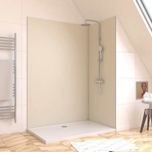 Marwell Urbanox Wandpaneel - fugenlose Aluverbundplatte als Duschrückwand & Küchenrückwand (Ivory, 120 x 210 cm inkl. Profil schwarz)