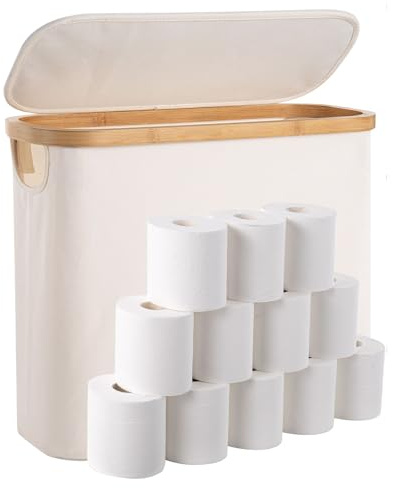 Woodluv Toilet Roll Paper Storage Holder, 25L Toilet Roll Storage Basket with Lid Cover, Toilet Roll Holder Storage Stand Organiser Free Standing Box Unit Organizer for Bathroom, Beige