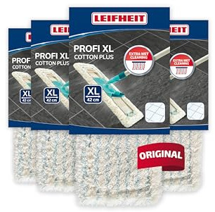 Leifheit Wischbezug Profi XL Cotton Plus 4er Set, waschbare Ersatzbezüge | Für Stein- und Fliesenböden, Supra- und Baumwollfasern für hohe Wasseraufnahme, waschbar bis 400x bei 60°C, weiß/türkis