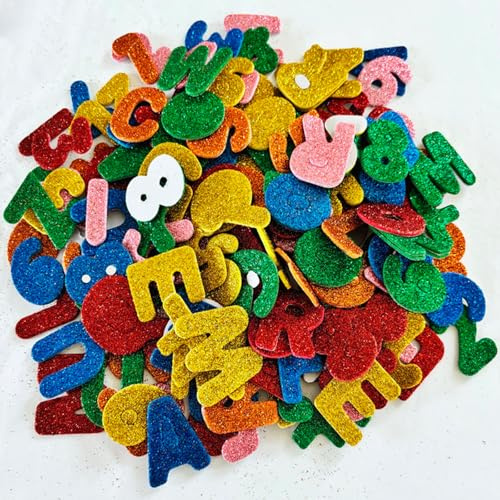 Nurila 170 Stück Buchstaben Aufkleber,Glitter Moosgummi Zahlen Buchstaben Selbstklebend 3.5cm,Bunt Glitzer Buchstaben Selbstklebend Für Kinder Namensaufkleber DIY Handwerk Kartendekoration