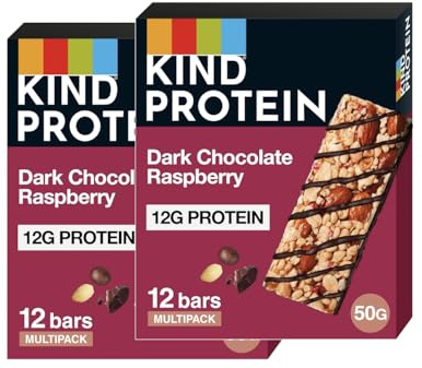 KIND Protein Bars, Dark Chocolate Raspberry, High Fibre, Healthy Snack, Gluten Free, 12g Protein, No Artificial Colours, Flavours or Preservatives, Multipack 24 x 50g