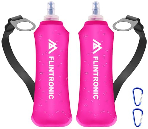 flintronic 2 PCS Gourde Souple, 250 ml/8.5oz TPU Flasque Running Pliable, Bouteille d'eau de Course, avec Dragonne et Mousquetons, pour Course à Pied, Randonnée, Cyclisme, Escalade, Rose