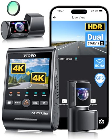 VIOFO A229 Ultra 3CH Dashcam, Dual 4K+1080P, 210° Innenraum, GPS, 5GHz WLAN | Triple-Kanal Aufnahme (Dual 4K+1080P), 210° Weitwinkel-Innenkamera, Intelligente Sprachsteuerung, 5GHz WLAN & präzises GPS