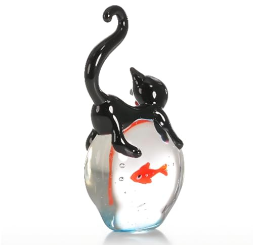Glasornamente Tiere Katze – Katzenfiguren Ornamente – Tierornament für Wohnzimmer Katzen und Goldfische Glas mundgeblasen Wohnkultur Schwarz & Rot