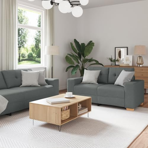 RMIHSJG 3-teilige Sofagarnitur mit Kissen in Dunkelgrau aus Stoff – Bequemes Sofa Set für Wohnzimmer mit Polsterung und Holzrahmen