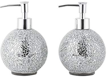WHOLE HOUSEWARES | Glass Mosaic Hand Soap Dispenser for Bathroom | Lotion Bottle for Kitchen, Bathroom with Chrome Plated Plastic Pump |14 Ounce Set of 2 (Silver)
