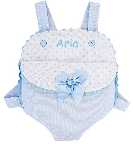 Mochila portabebés para muñecas PERSONALIZADOS. Fabricado en España (Estrellas Azul, Tamaño pequeño)