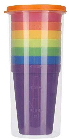 LSTK Juego de Vasos, Sin BPA, reutilizables y encajables; 7 vasos de plástico de colores (200 ml) y 1 botella de agua (500 ml)
