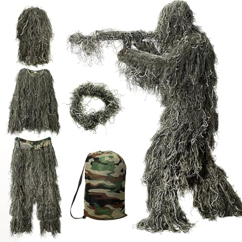 DoCred 5-i-1 Ghillie-dräkt, 3D-kamouflage, jaktkläder med jacka, byxor, huva, bärväska, för vuxna/ungdomar, S/M/L/XL/XXL