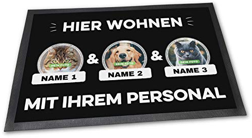 PfotenSchild Fußmatte mit DREI Katzen - Hier Wohnen - Personalisiert mit WUNSCHFOTOS und Wunschnamen Katzenbesitzer - 60 x 40 cm