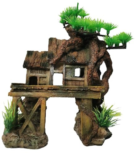kathson Aquarium Decorations Fish Tank Ornaments House on Terrace with Tree Root Resin Handicrafts for Betta Fish