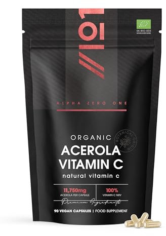 Organic Acerola Vitamin C – 80mg (100% NRV) Natural Vitamin C – 90 Vegan Capsules – 25:1 High Strength Acerola Extract – 3 Months Supply – by Alpha01