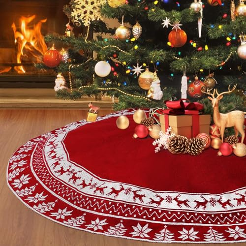 Weldomcor Weihnachtsbaum Rock 122cm Gestrickte Weihnachtsbaumdecke Pad Runde Elch Schneeflocken Große Baummatte für Weihnachten Neues Jahr Dekoration, Rot