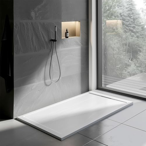 Go Bathrooms White Slate Effect Shower Tray 1200 x 800 mm Rectangular Shower Base with Hidden Waste, Anti-Bacterial Surface–Low Profile Shower Tray for Enclosures
