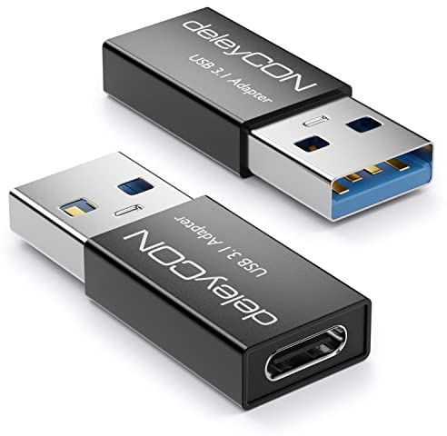 deleyCON USB C Adapter 3.0, 2 Stück, 5Gbit/s, C auf A - Schwarz | Für Lade-/Datenkabel, Ladegerät, Powerbank, iPhone 17/16/15, iPad, AirPods, Watch, Galaxy S26/S25/S24, PC, Tablet, Notebook