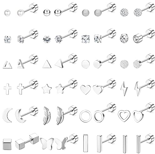JeweBella 24 Pairs Kleine Ohrstecker Damen Set Chirurgenstahl Knorpel Helix Ohrringe Hypoallergen Stern Mond Perle Flach Ohrringe Zirkonia Set Piercing Ohr Ohrstecker für Mädchen Herren