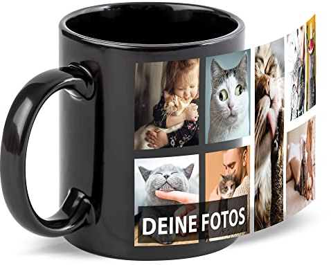Tassendruck Schwarze Tasse zum selbst gestalten mit Foto-Collage für 8 Wunschfotos - Geschenk für Freunde zum Geburtstag, Weihnachten - Keramik, 300 ml | Personalisiertes Geschenk