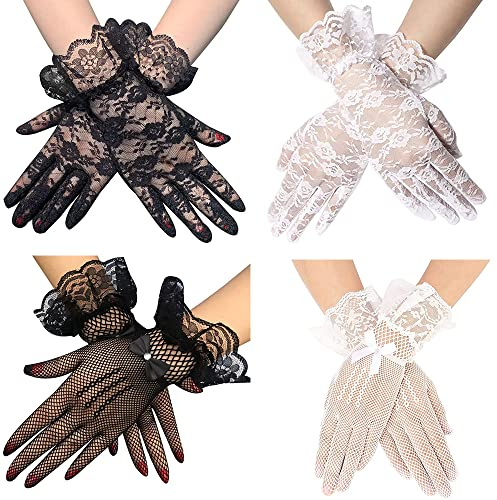 Asaisimg 4 Paar Damen Spitzenhandschuhe, Elegante Tea Party Kurze Handschuhe, Mesh Höflichkeit Vintage Floral Braut für Hochzeit Abendessen Halloween Cocktail Kostüm 1950's Parties