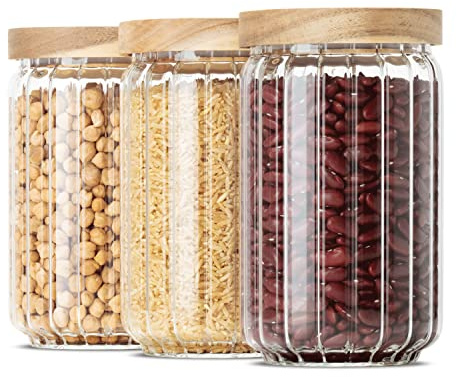 Econovo® Vorratsgläser mit Deckel geriffelt (700ml | 3-tlg.), stapelbar und luftdicht, Küchenaufbewahrung aus Glas mit Holzdeckel, Vorratsdosen Glas Set für Lebensmittel groß & klein
