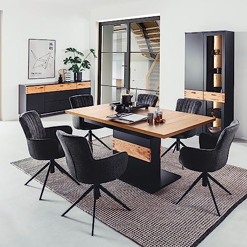 Lomadox Esszimmermöbel Set mit Auszugstisch und LED Beleuchtung, Schwarzgrau lackiert mit Wildeiche massiv geölt