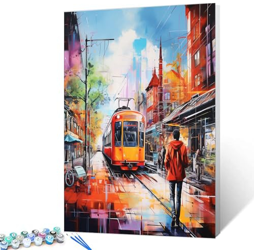Walarky Graffitic Street View Malen nach Zahlen für Erwachsene, moderne Kunst, Herren, Bus/Auto, digitales Malen nach Zahlen für Anfänger, Landschaft, Ölbilder, Heimdekoration, 40,6 cm B x 50,8 cm H,
