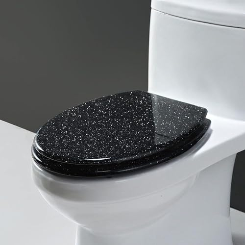 WC Sitz Glitzer Toilettensitz Aus Kunstharz, Toilettendeckel Mit Absenkautomatik, Universal Toilettensitz 42 X 36 Cm, Einfache Montage WC Deckel Klobrille (Black Schwarz)