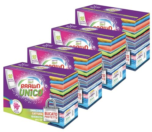 4x Additivo 3 in 1 Unico, Smacchia, Cattura, Igienizza Già a 30° Per Un Bucato Protetto, Con Nuovi Agenti Inibitori (Confezione Da 10 Bustine)