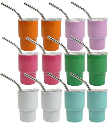 S-SNAIL-OO Mini Tumbler Shot Glass with Straw, Sublimation Double layer metal Cute Shot Glasses Set 3oz with Lids for drinks, coffee, cocktails. (12PCS-Multicolor)