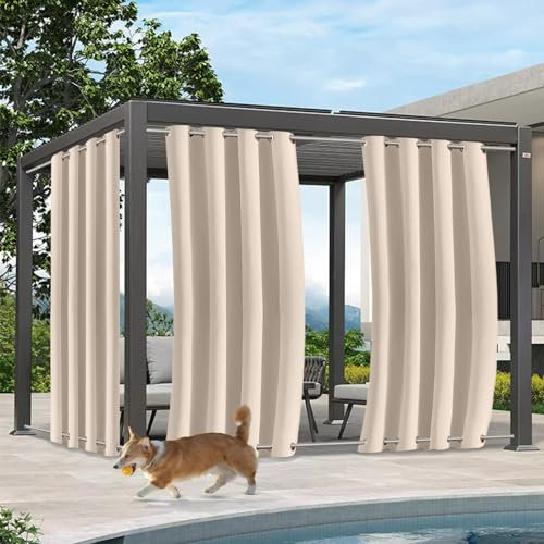 Qelus Wetterfest Outdoor Vorhang mit Ösen Oben und Unten, 2er Set B132xH243CM Outdoorvorhänge, Wasserdicht Sonnenschutz Sichtschutz für Balkon Veranda Pergola Gartenlaube (Beige)