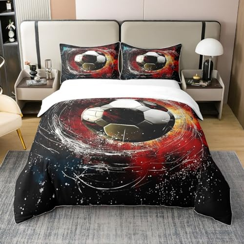 Feelyou Soccer Duvet Cover 100% Cotton Full Size Football Bedding Set for Kids Boys Girls Teens Toddler Gift for Football Lover Comforter Cover Set Red Bedspread Cover 3Pcs Zipper