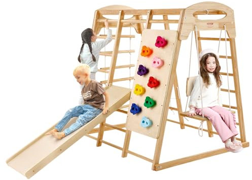 VEVOR 7 en 1 Parque Infantil Interior de Madera 122 x 144 x 147 cm Juguetes de Escalada de Madera con Escalera de Madera y Cuerda, Escalera de Red, Columpio, Barra de Mono, Tobogán, Pared de Escalada