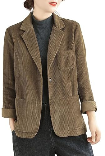 KIJSKKOPO Giacca da Abito In Velluto A Coste Verde da Donna, Giacca Tunica Vintage Con Risvolto A Tacca, Manica Lunga, Con Tasca, Casual Autunnale, da Ufficio, da Lavoro, Di Transizione, Marrone M