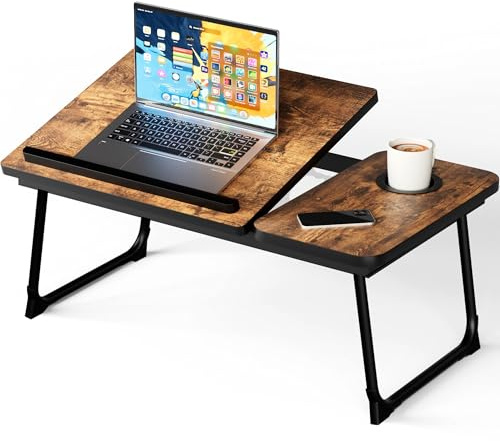 Laptop Bed Table,Bed Desk with Foldable Legs & Cup Slot, Folding Table Adjustable Trays, Reading Book Holder Notebook Stand Laptop Tray for Bed, Sofa,Terrace,Carpet,Rustic Brown