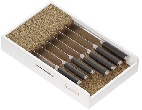 SpaceAid Organiseur de tiroir à couteaux en bambou de 22,9 cm de large, bloc de rangement pour couteaux à steak de cuisine (taille M, blanc)