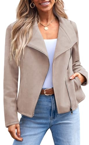AUTOMET Women‘s Faux Suede Leather Jacket, Cropped Open Front Coat for Fall Winter Spring, Cardigan Style Apricot XS