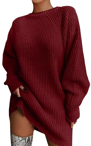 Långa Stickade Jumperklänningar För Kvinnor - Damtröjor Utan Huva Enfärgade Virkade Vintervarma Säckiga Slim Fit Pullover, Vin, L