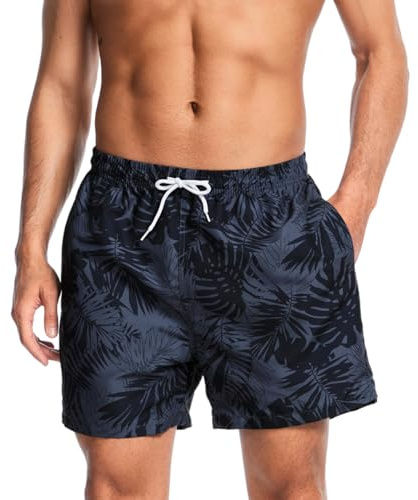 AMZSPORT Badbyxor för män, vattentäta badshorts, nätfoder, brädshorts med fickor, Svart blad, XXL